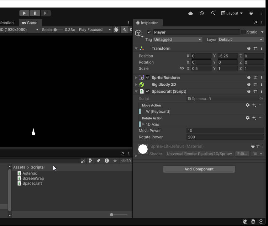 animated gif show a user in the unity game engine adding a Screen wrap script to an object named player