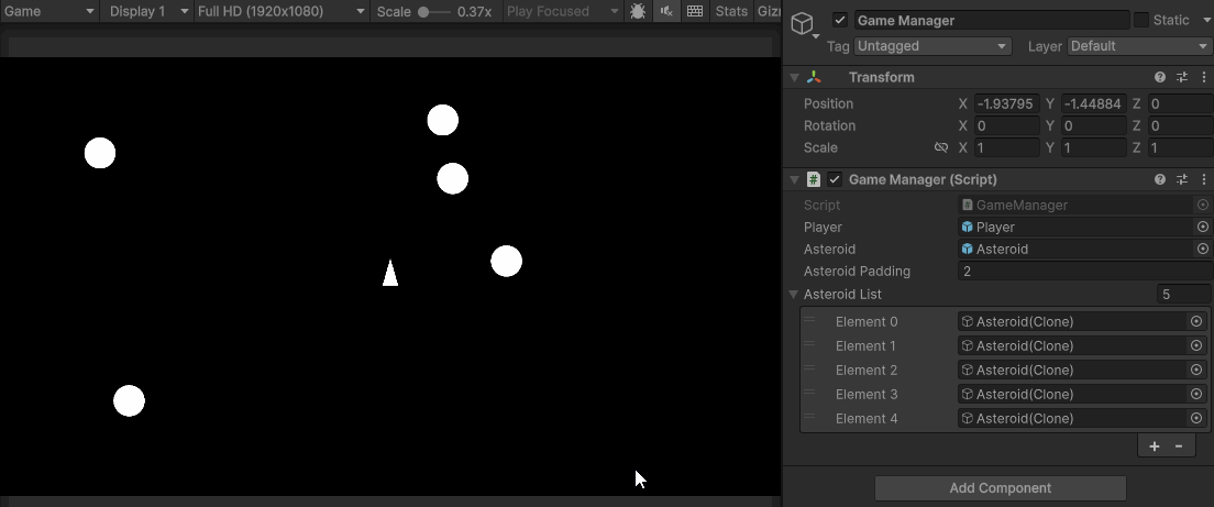 animated gif of game being played with asteroids being added and removed from list