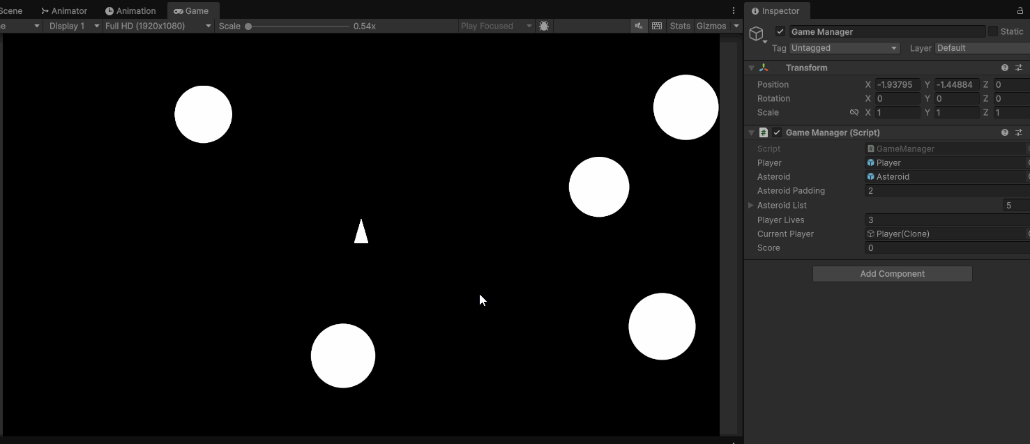 Animated gif showing a play through of asteroidsgame