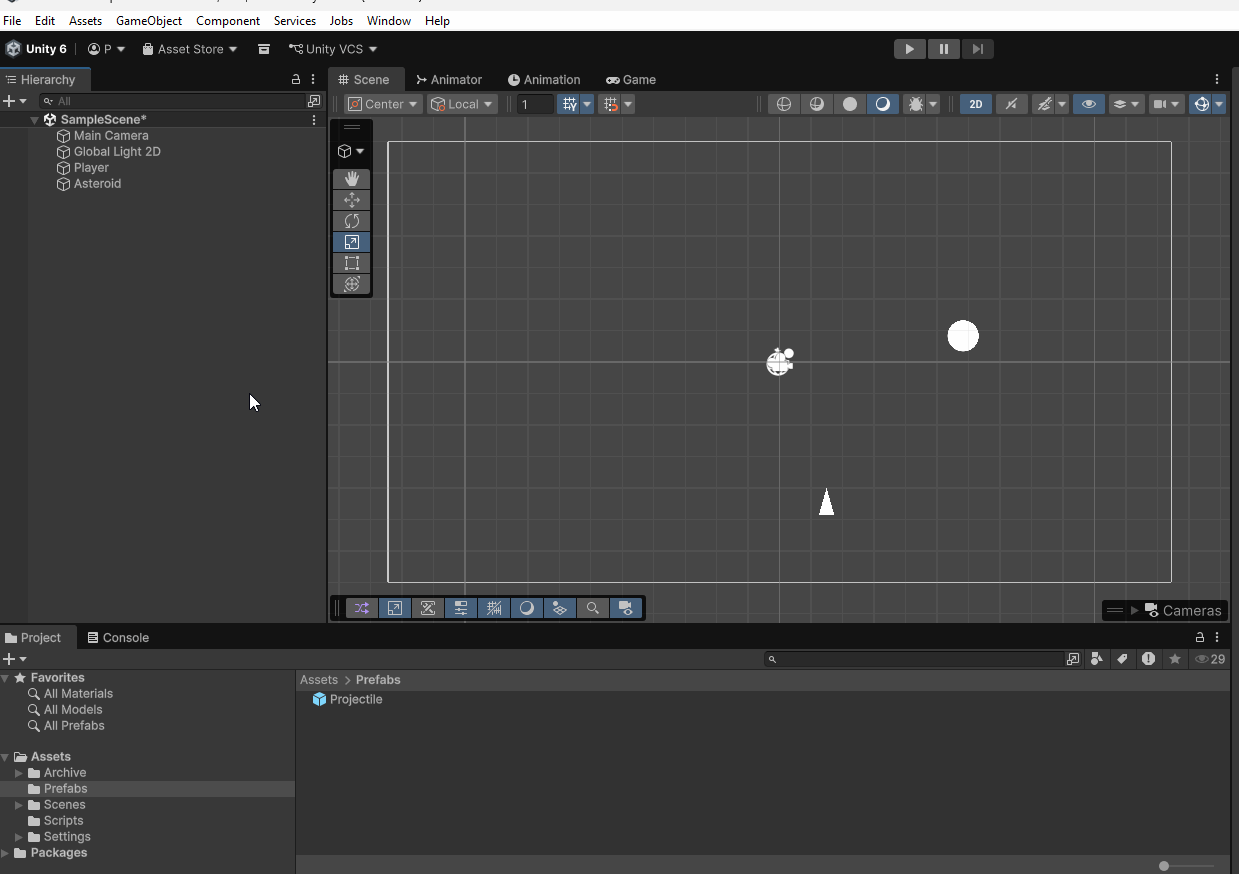 animated gif showing a user creating a player and asteroid prefab