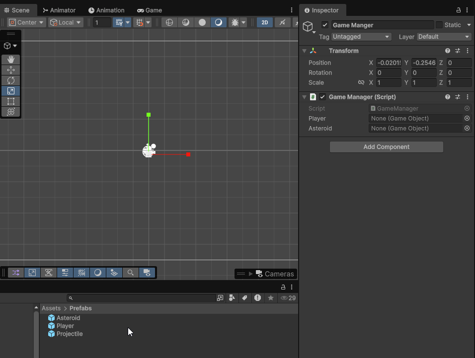 Animated gif showing a user drag an asteroid and player prefab in to a GameManager component
