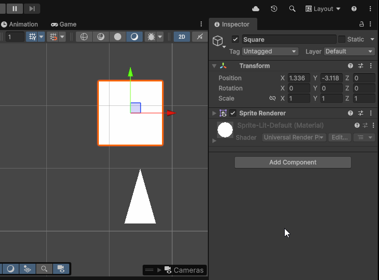 animated gif of a user in the unity editor renaming a square sprite to projectile and scaling it down