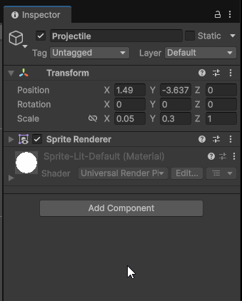 animated gif of a user adding a rigidbody2d component to the projectile game object in the unity editor