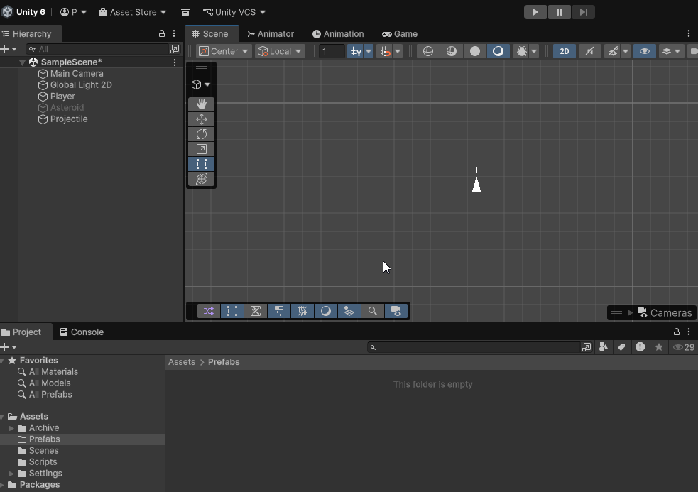 animated gif of user dragging a projectile game object to the project window to create a prefab