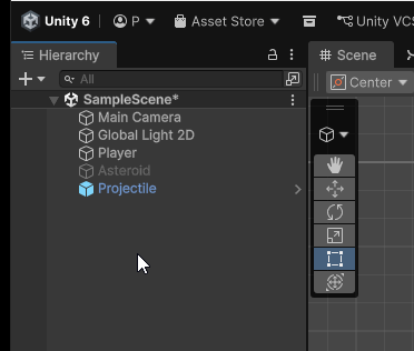 animated gif of user delete the original projectile game object from the hierarchy
